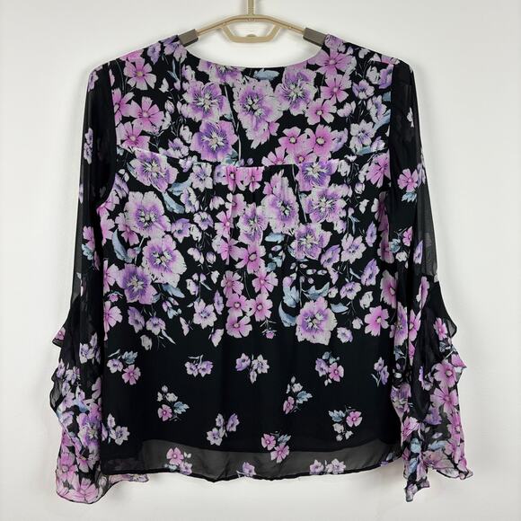 Nanette Lepore Zen Floral Silk Blouse Black Pink Sheer Large Fairy Feminine - Picture 6 of 15